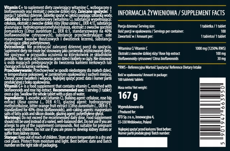KFD Witamina C+ Ekstrakt z Dzikiej Róży + Bioflawonoidy, 100 tabletek - sanvital.pl
