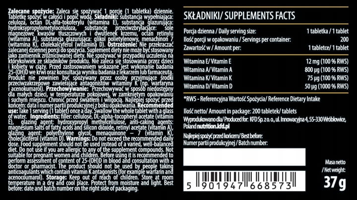 KFD Witaminy ADEK  (Witaminy A, D, E, K), 200 tabletek - sanvital.pl