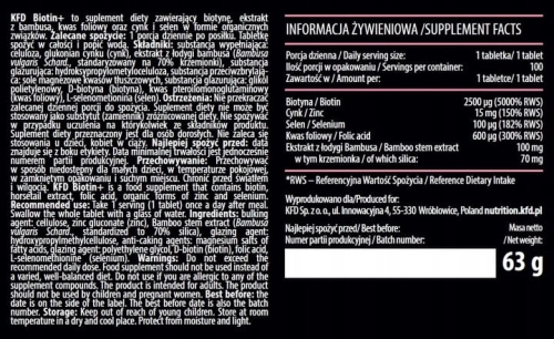 KFD Biotin Complex Biotyna, Cynk, Selen, 100 tabletek - sanvital.pl