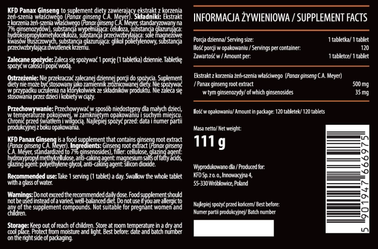 KFD Panax ginseng żeń szeń, 120 tabletek - SANVITAL.PL