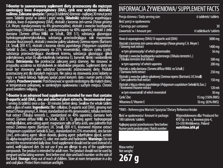 KFD T-Booster TB booster testosteronu, 180 tabletek - sanvital.pl