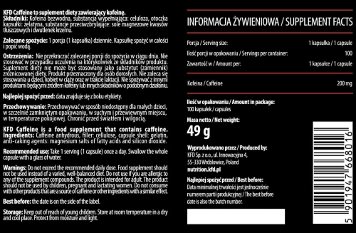 KFD Caffeine kofeina bezwodna 200mg, 100 kapsułek- sanvital.pl