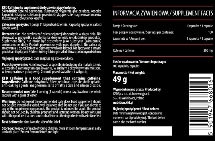KFD Caffeine kofeina bezwodna 200mg, 100 kapsułek- sanvital.pl