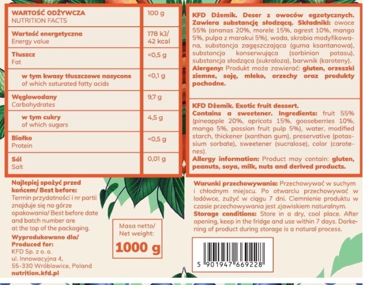 KFD Dżemik z owoców egzotycznych niskokaloryczny deser owocowy, 1000g - sanvital.pl