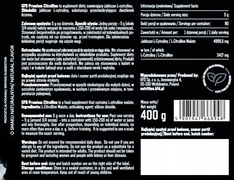 KFD Pure Citrulline Malate Cytrulina ENERGIA, 400g- sanvital.pl