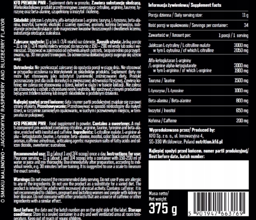 KFD Premium PWR smak: malina - jagoda odżywka przedtreningowa 375 g