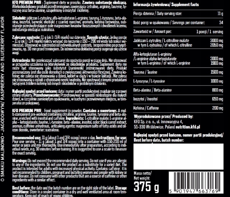 KFD Premium PWR smak: malina - jagoda odżywka przedtreningowa 375 g